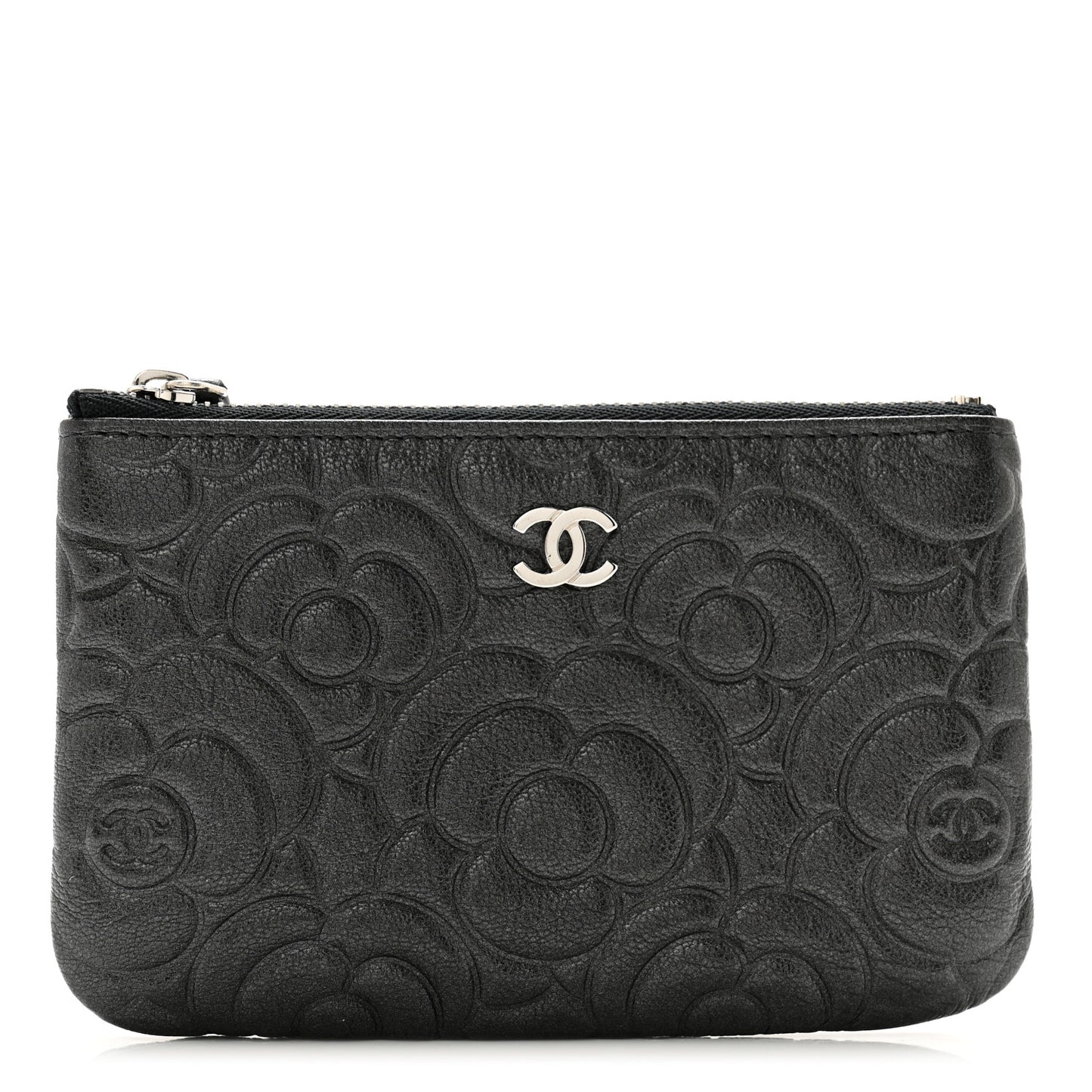 Goatskin Camellia Embossed Cosmetic Pouch Black