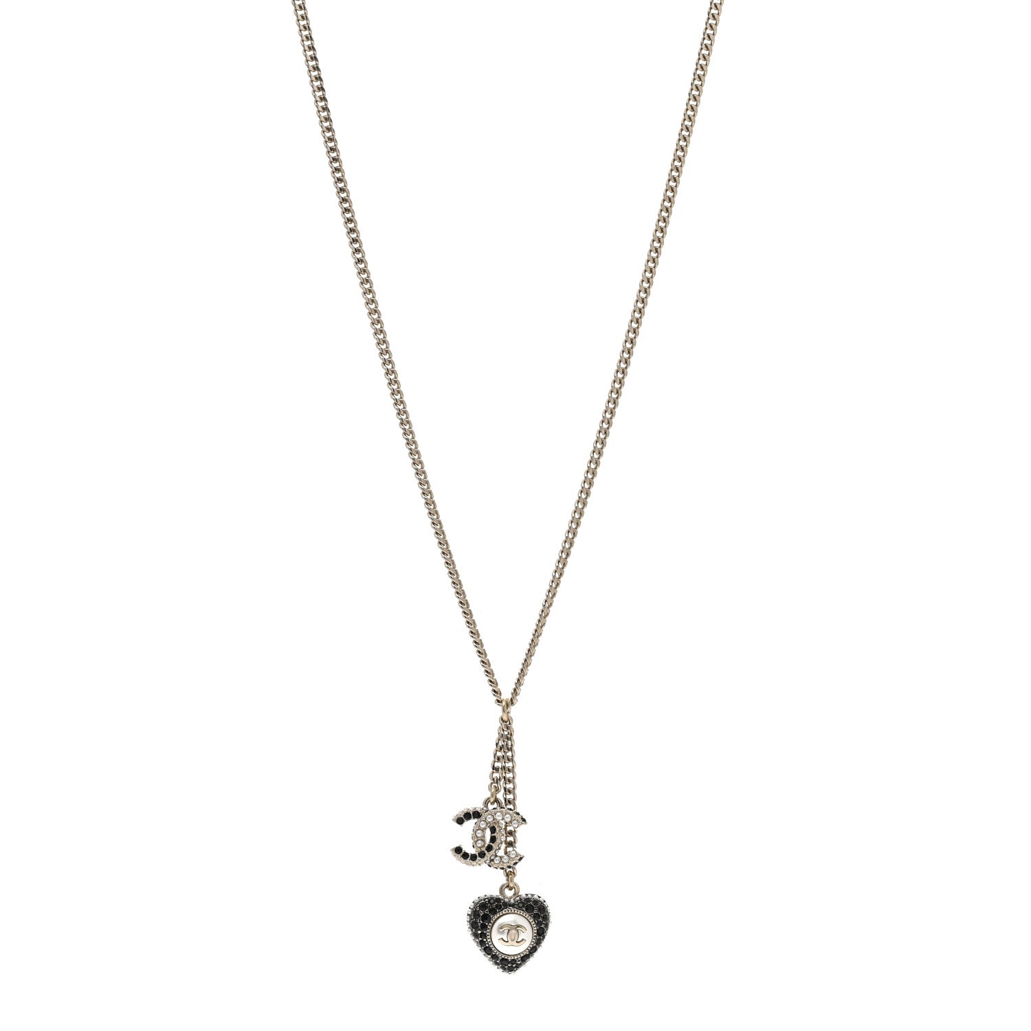 Chanel Pearl Crystal CC Heart Necklace Gold Pearly White Black 1 of 4