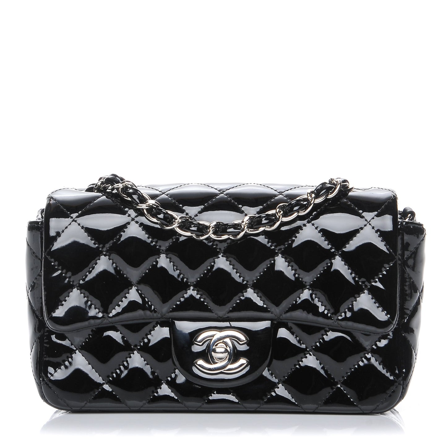 Patent Calfskin Quilted Mini Rectangular Flap Black
