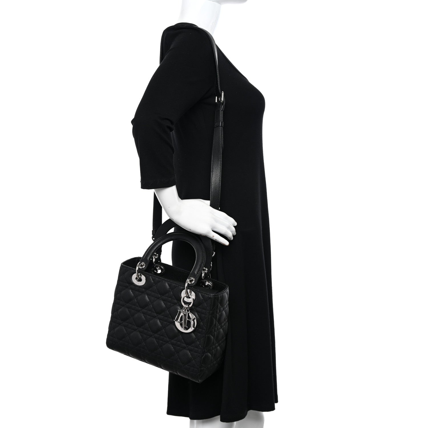 Christian Dior Grained Calfskin Cannage Medium Lady Dior Black 2 of 12