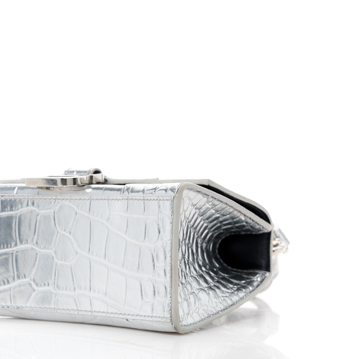 Metallic Calfskin Crocodile Embossed Hourglass Top Handle Bag XS Silver
