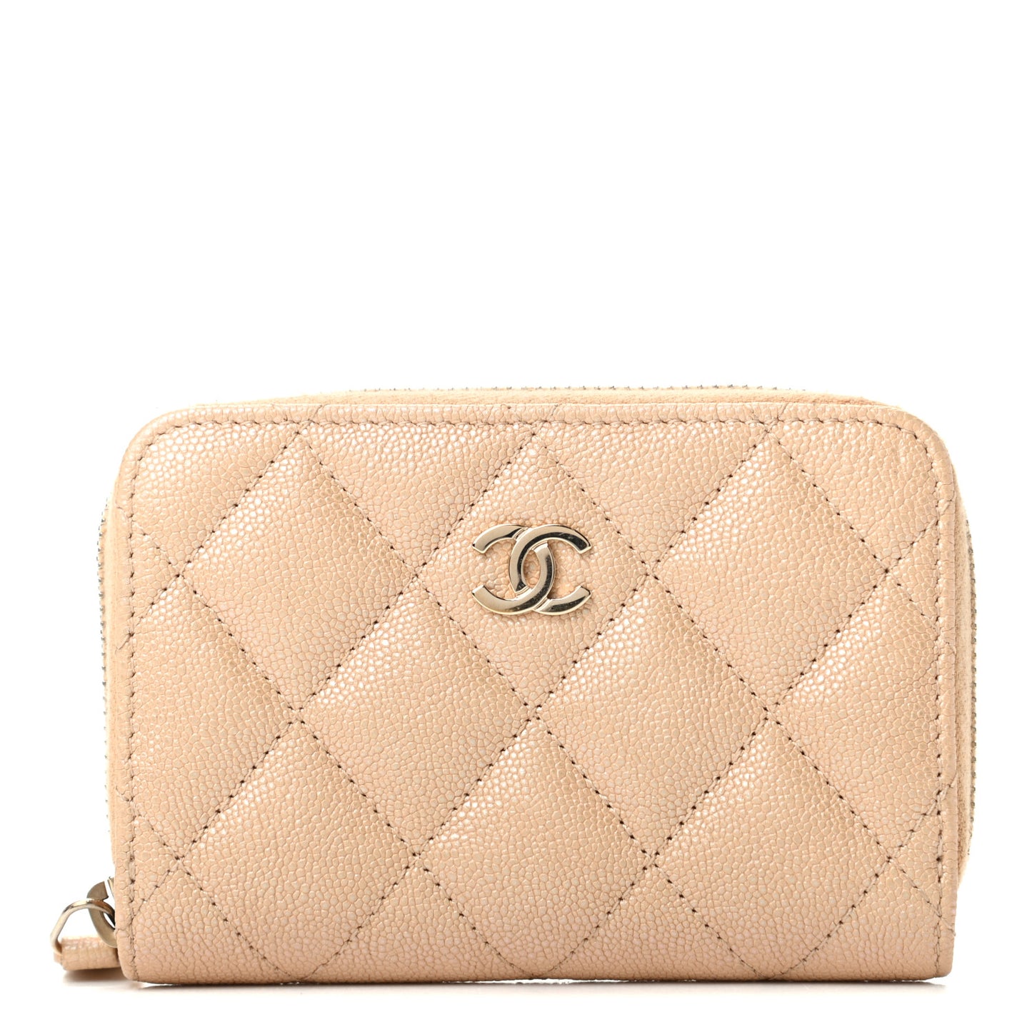 Iridescent Caviar Quilted Zip Around Coin Purse Beige