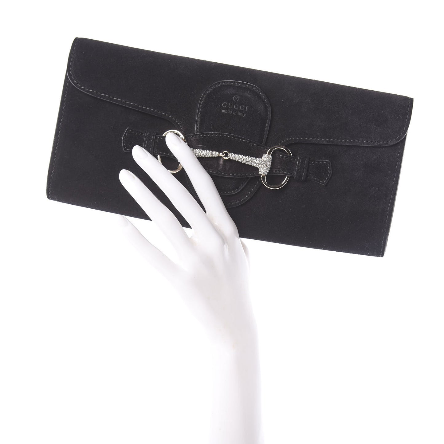 Suede Crystal Horsebit Broadway Clutch Black