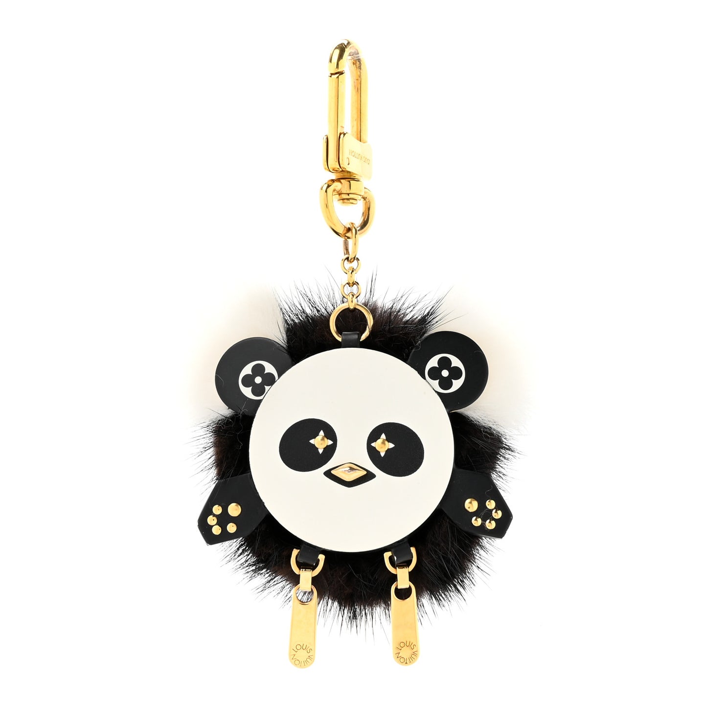 Calfskin Mink Fur Panda Bag Charm Key Holder Black