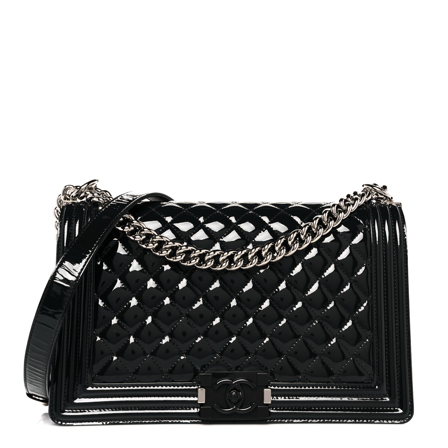 Chanel Patent Calfskin Quilted New Medium Plexiglass Boy Flap Navy Blue 1 of 10