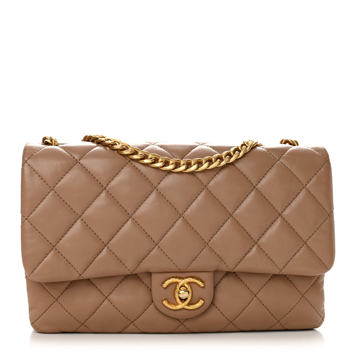 Lambskin Quilted Medium Pillow Crush Flap Beige
