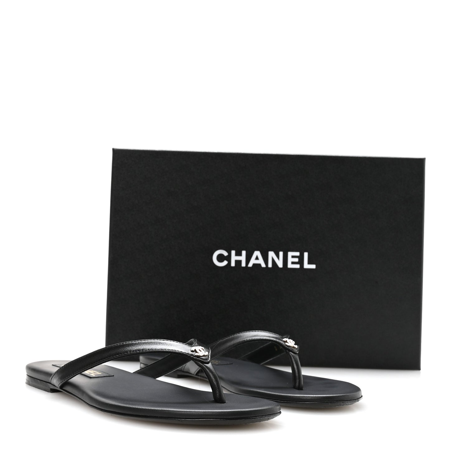 Shiny Lambskin Crystal CC Thong Sandals 37.5 Black