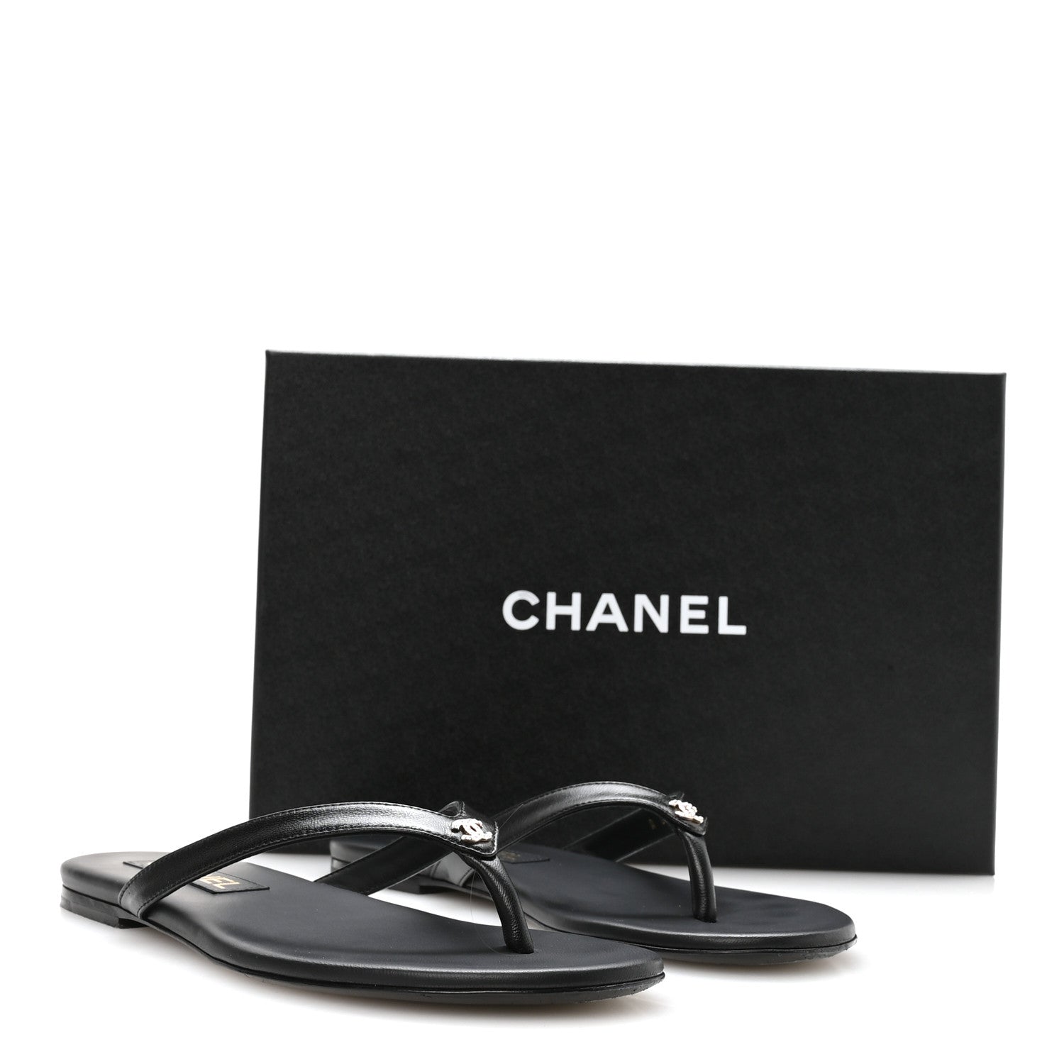 Chanel Shiny Lambskin Crystal CC Thong Sandals 37.5 Black 9 of 9
