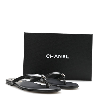 Chanel Shiny Lambskin Crystal CC Thong Sandals 37.5 Black 9 of 9