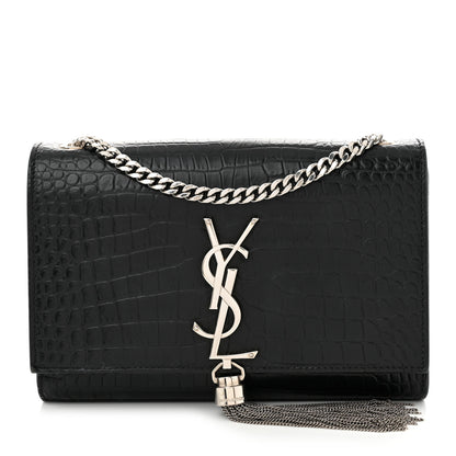 Saint Laurent Calfskin Crocodile Embossed Small Classic Monogram Kate Tassel Satchel Black 1 of 11