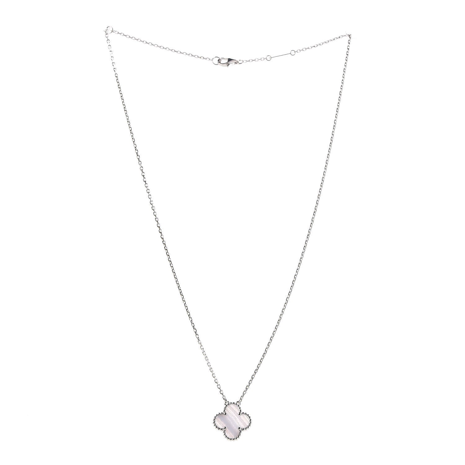 Van Cleef & Arpels 18K White Gold Chalcedony Vintage Alhambra Pendant Necklace 3 of 7