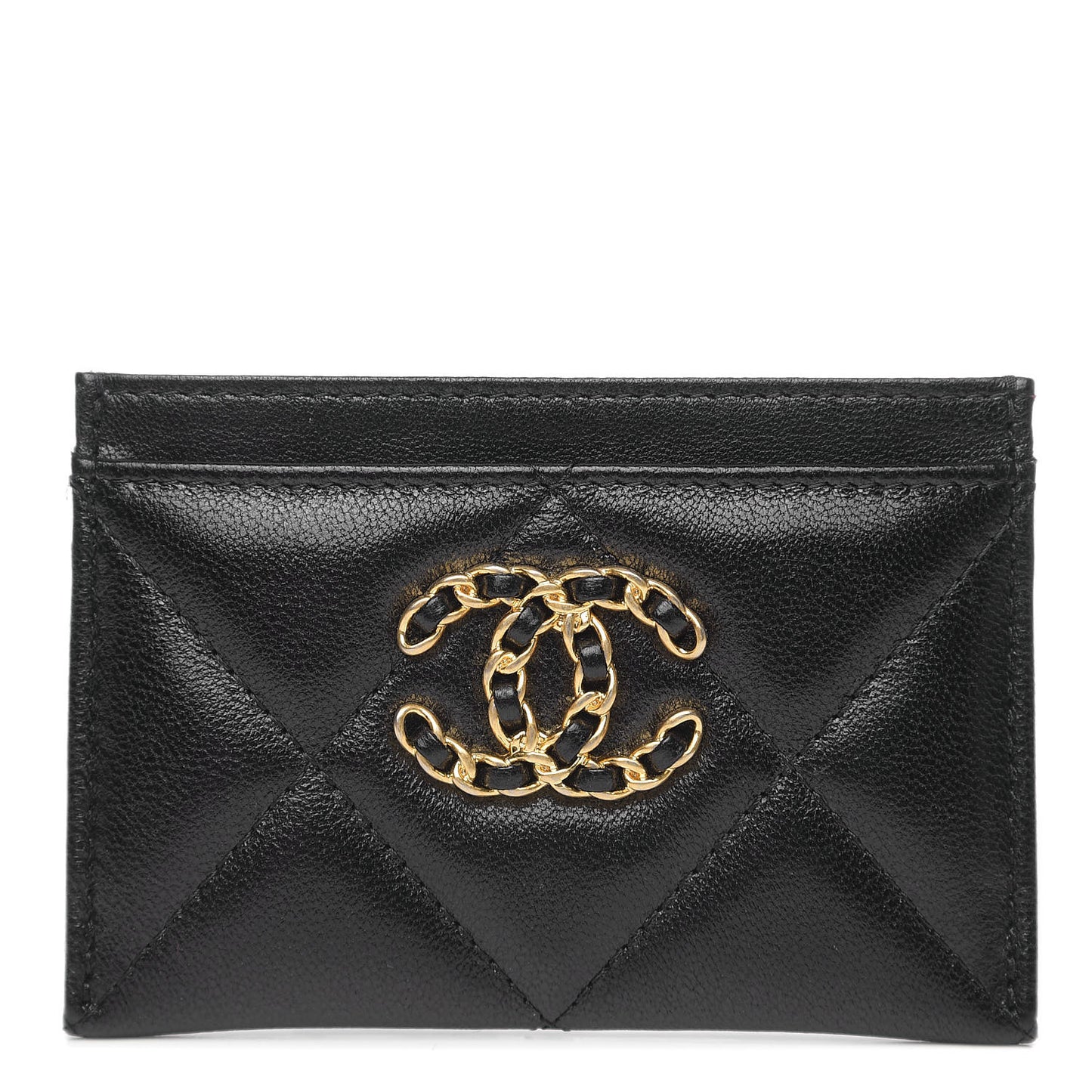 Shiny Goatskin Quilted Chanel 19 Card Holder Black