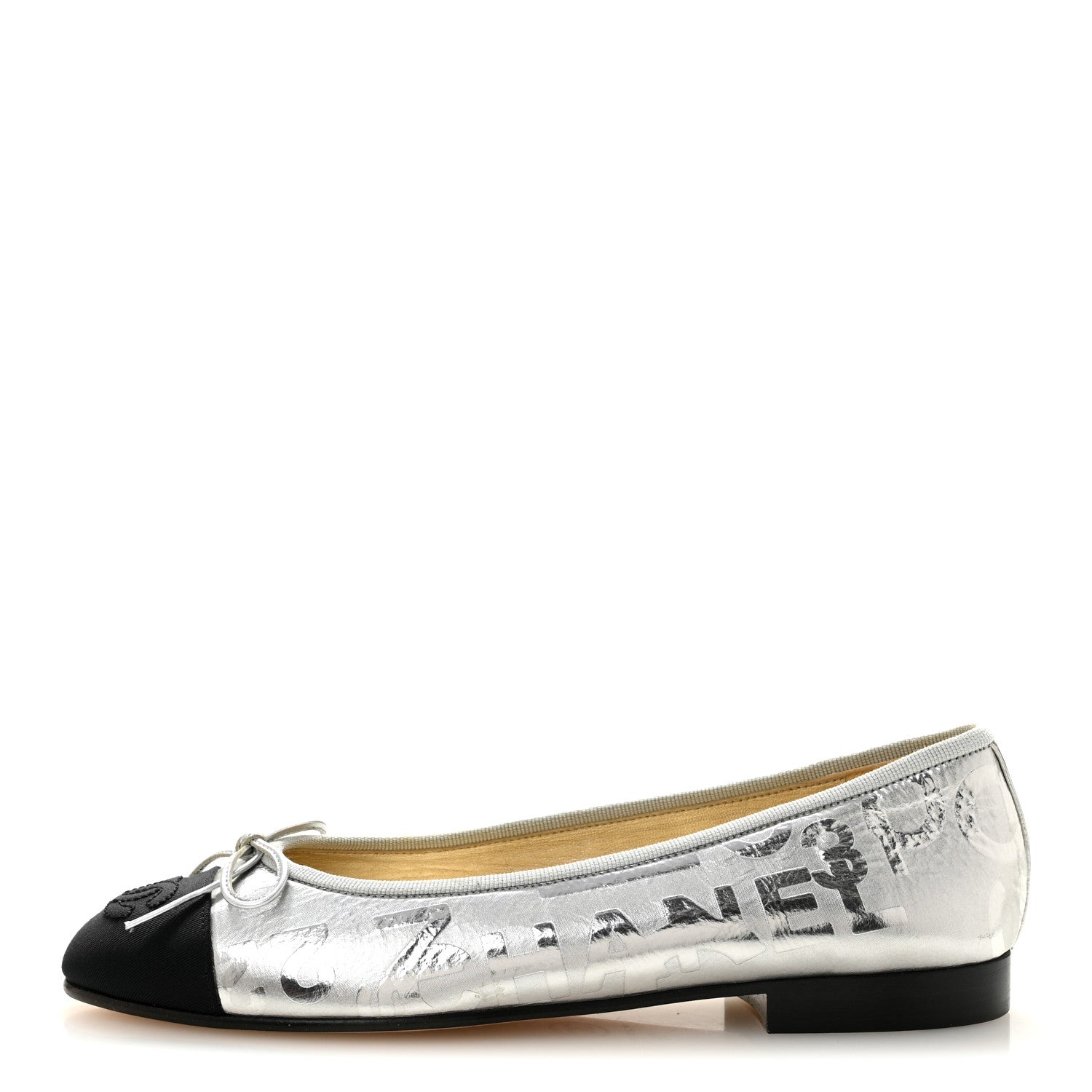 Chanel Laminated Goatskin Grosgrain Cap Toe CC Ballerina Flats 36 Silver Black 1 of 10