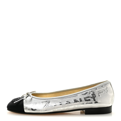 Chanel Laminated Goatskin Grosgrain Cap Toe CC Ballerina Flats 36 Silver Black 1 of 10