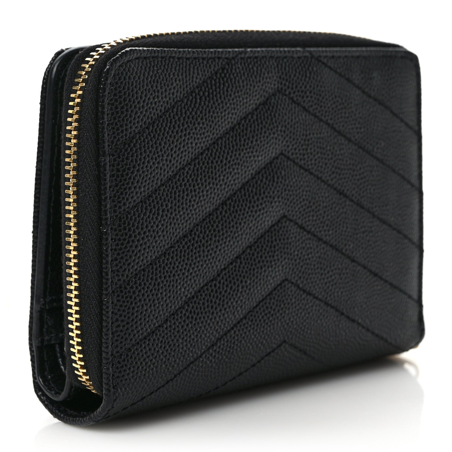 Saint Laurent Grain De Poudre Matelasse Chevron Monogram Compact Zip Around Wallet Black 3 of 7