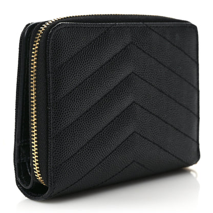 Saint Laurent Grain De Poudre Matelasse Chevron Monogram Compact Zip Around Wallet Black 3 of 7