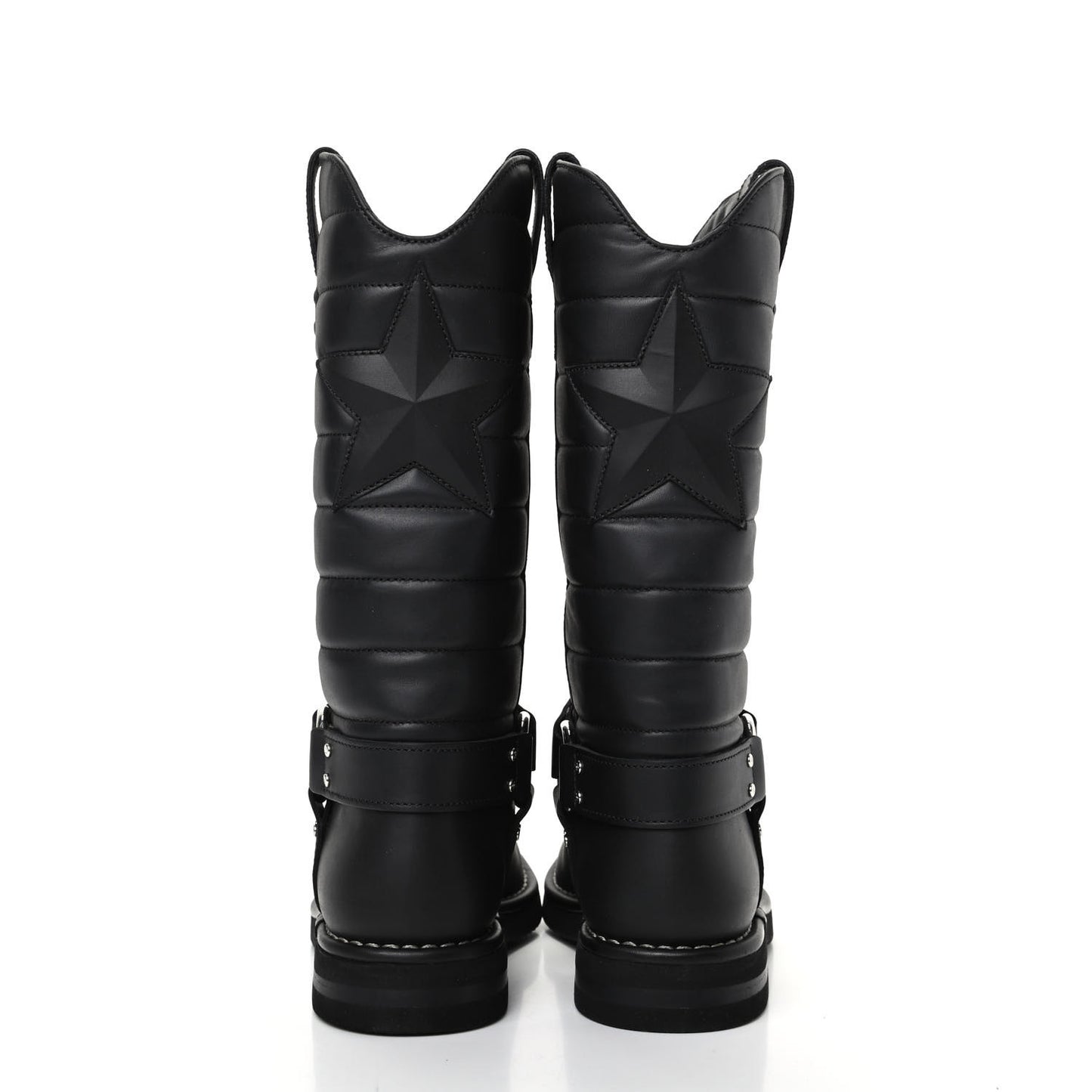 Oily Calfskin Star Quilted Biker Boots 36.5 Black