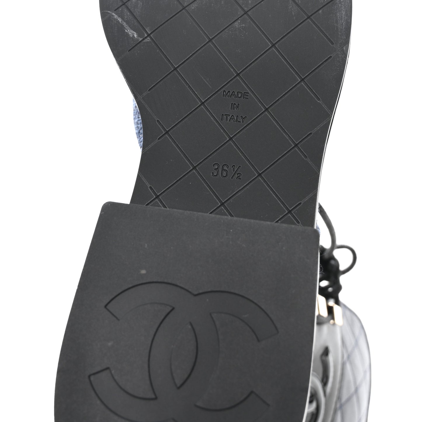 Fabric Patent Lambskin Quilted CC Lace Up Combat Boots 36.5 Navy Blue Black