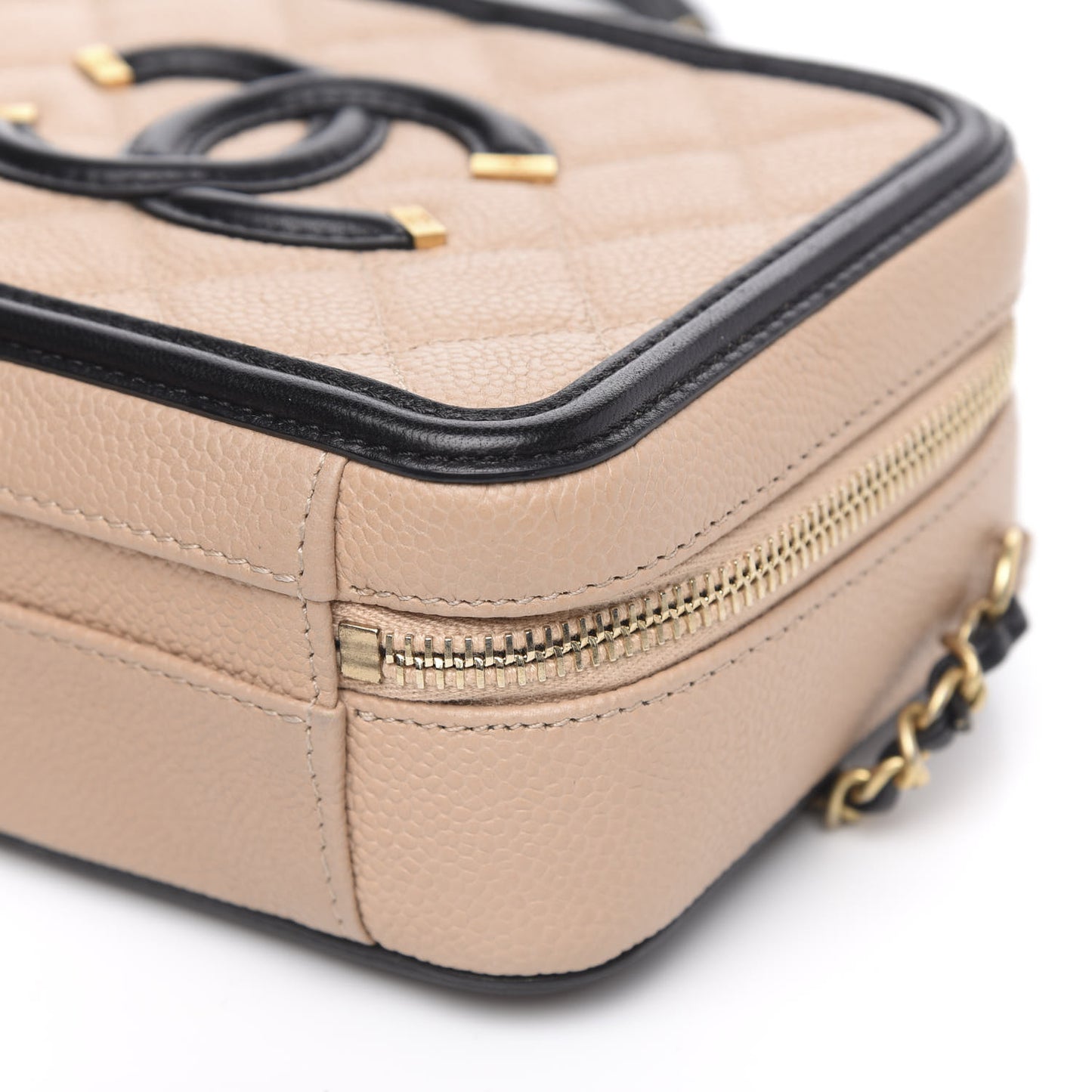 Caviar Quilted Small CC Filigree Vanity Case Beige Black