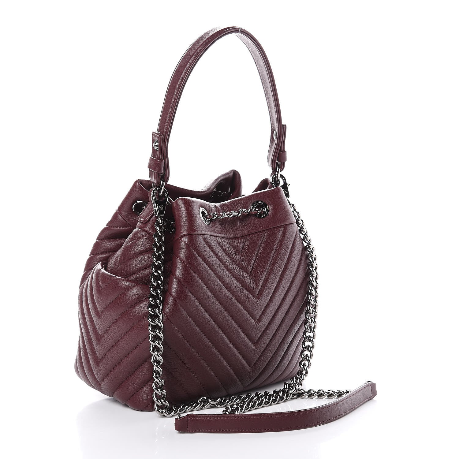 Chanel Deerskin Chevron Small CC Chain Bucket Bag Burgundy 4 of 10