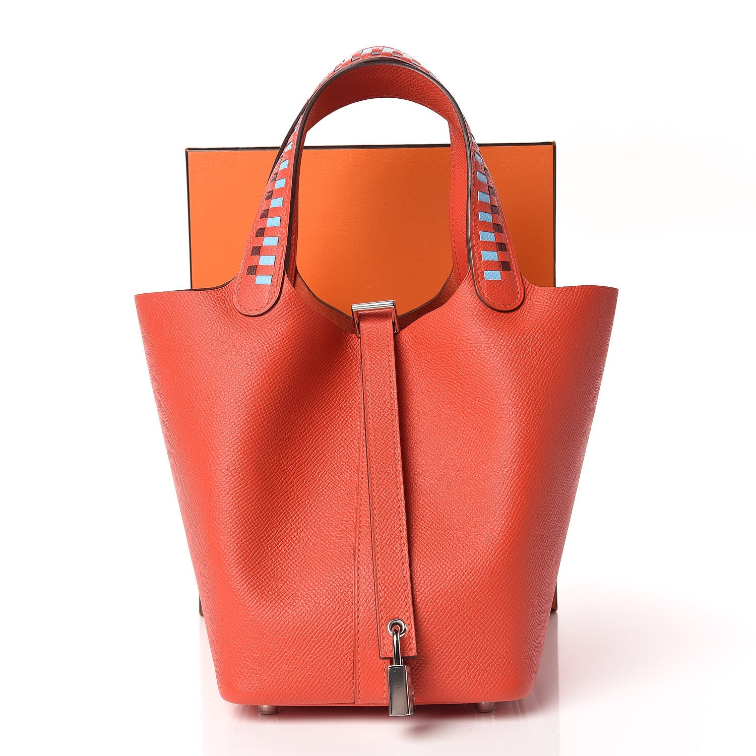 Hermes Epsom Tressage De Cuir Picotin Lock 18 PM Capucine Celeste Rouge H 10 of 10