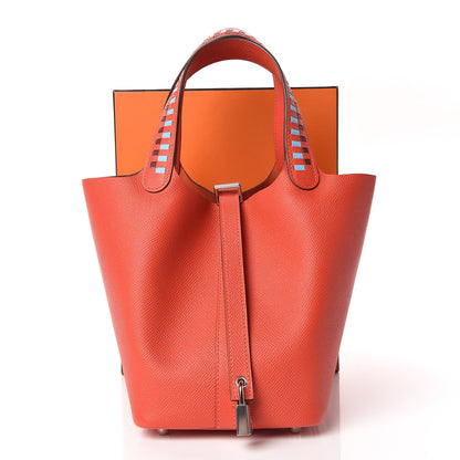 Hermes Epsom Tressage De Cuir Picotin Lock 18 PM Capucine Celeste Rouge H 10 of 10