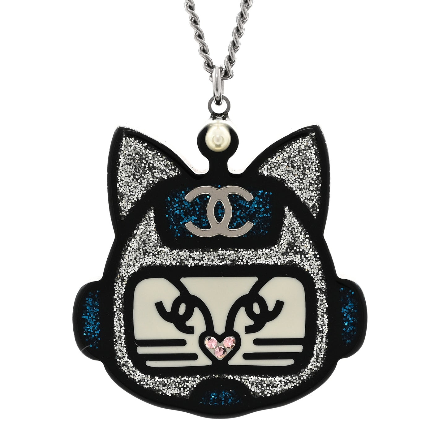 Resin Pearl CC Emoji Robot Cat Lanyard Necklace Silver Blue