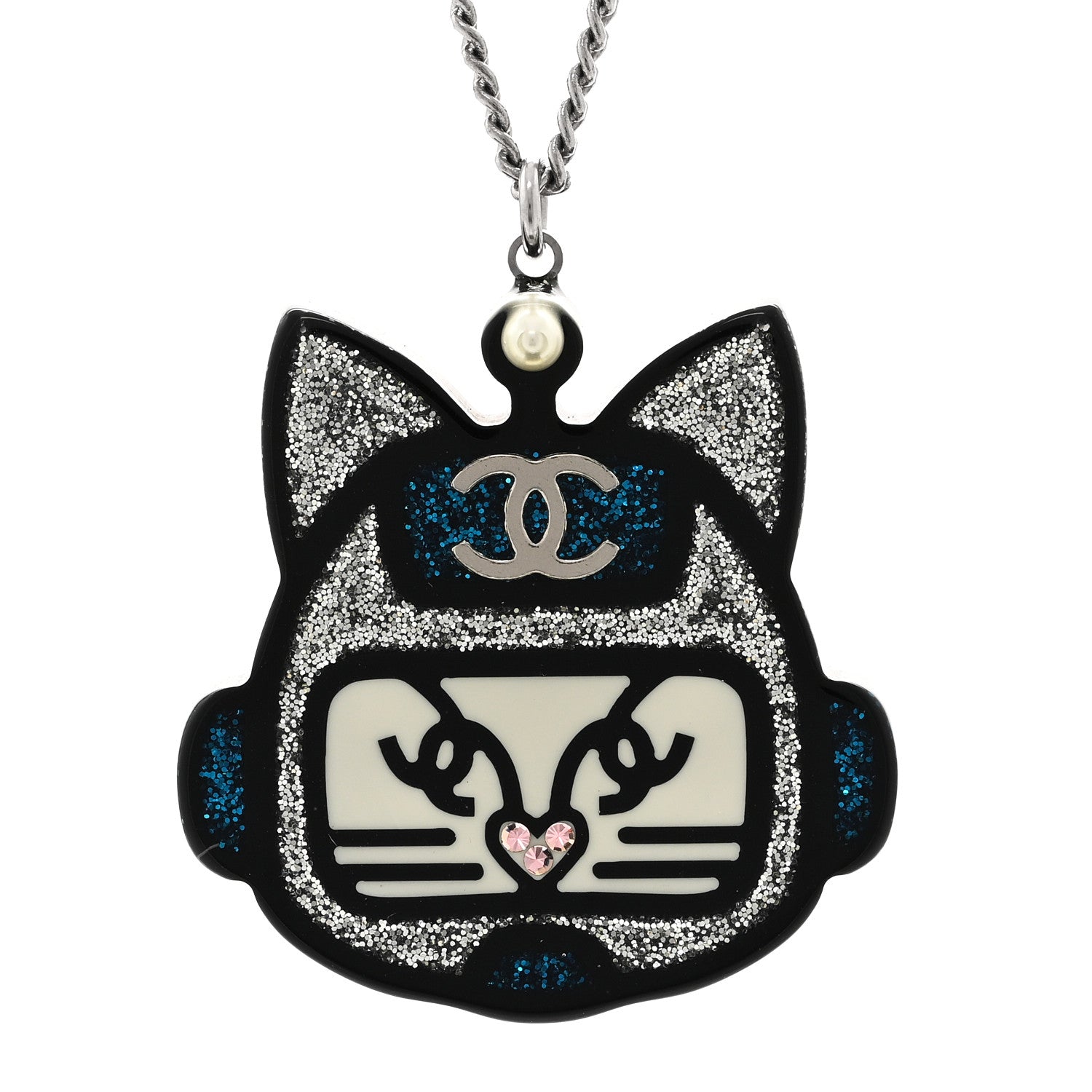 Chanel Resin Pearl CC Emoji Robot Cat Lanyard Necklace Silver Blue 4 of 5