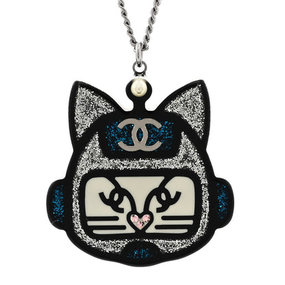 Chanel Resin Pearl CC Emoji Robot Cat Lanyard Necklace Silver Blue 4 of 5