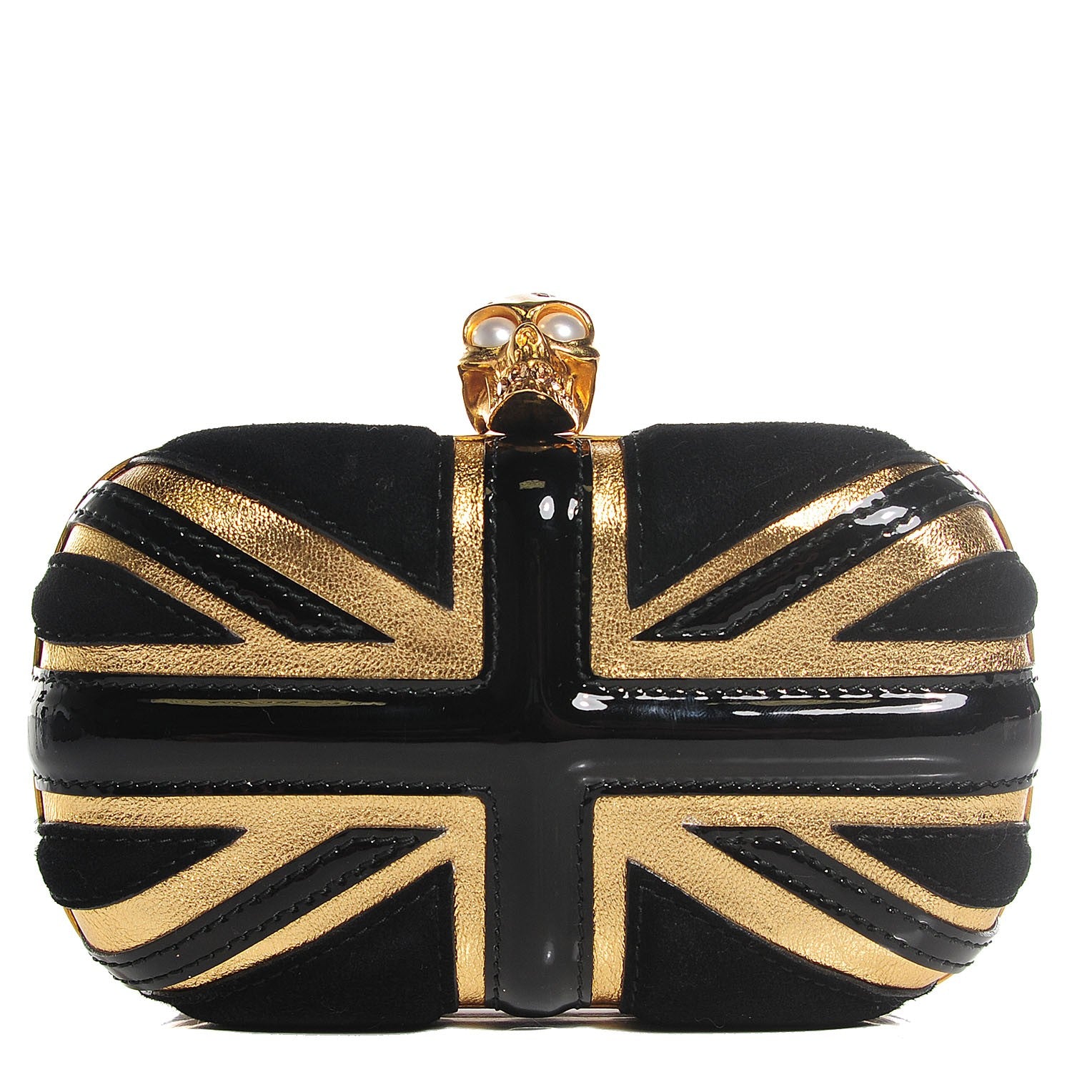Alexander McQueen Patent Calfskin Suede Britannia Skull Box Clutch Black Gold 1 of 8