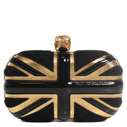 Alexander McQueen Patent Calfskin Suede Britannia Skull Box Clutch Black Gold 1 of 8