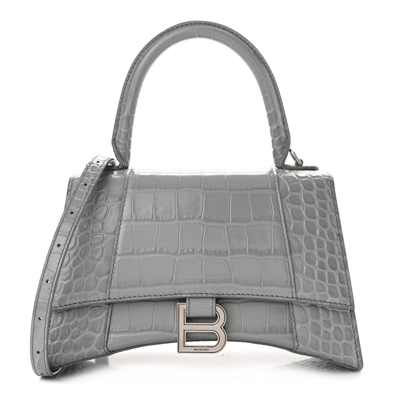 Balenciaga Shiny Calfskin Crocodile Embossed Small Hourglass Top Handle Bag Balenciaga Grey 1 of 9