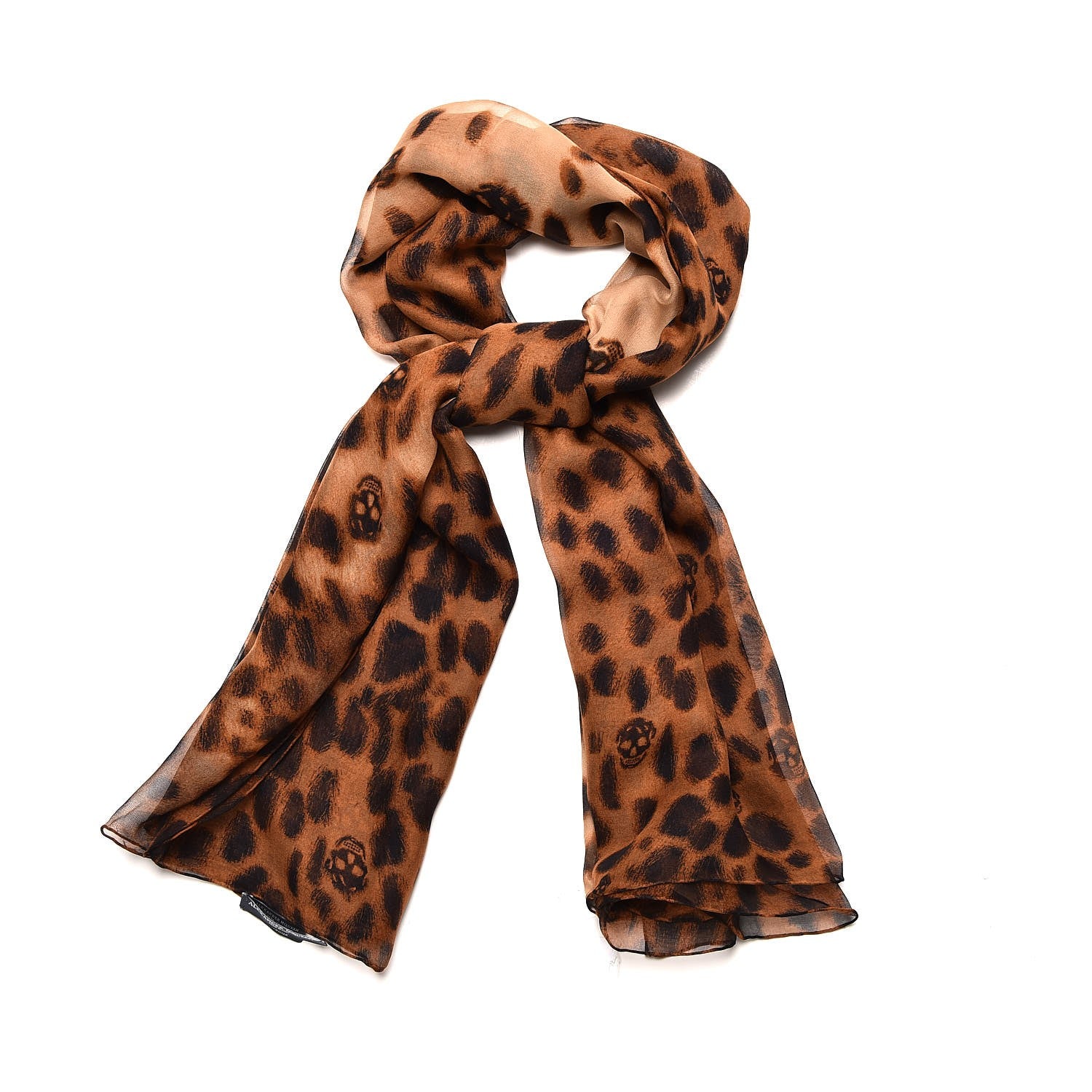 Alexander McQueen Silk Chiffon Leopard Skull Scarf Brown 1 of 6