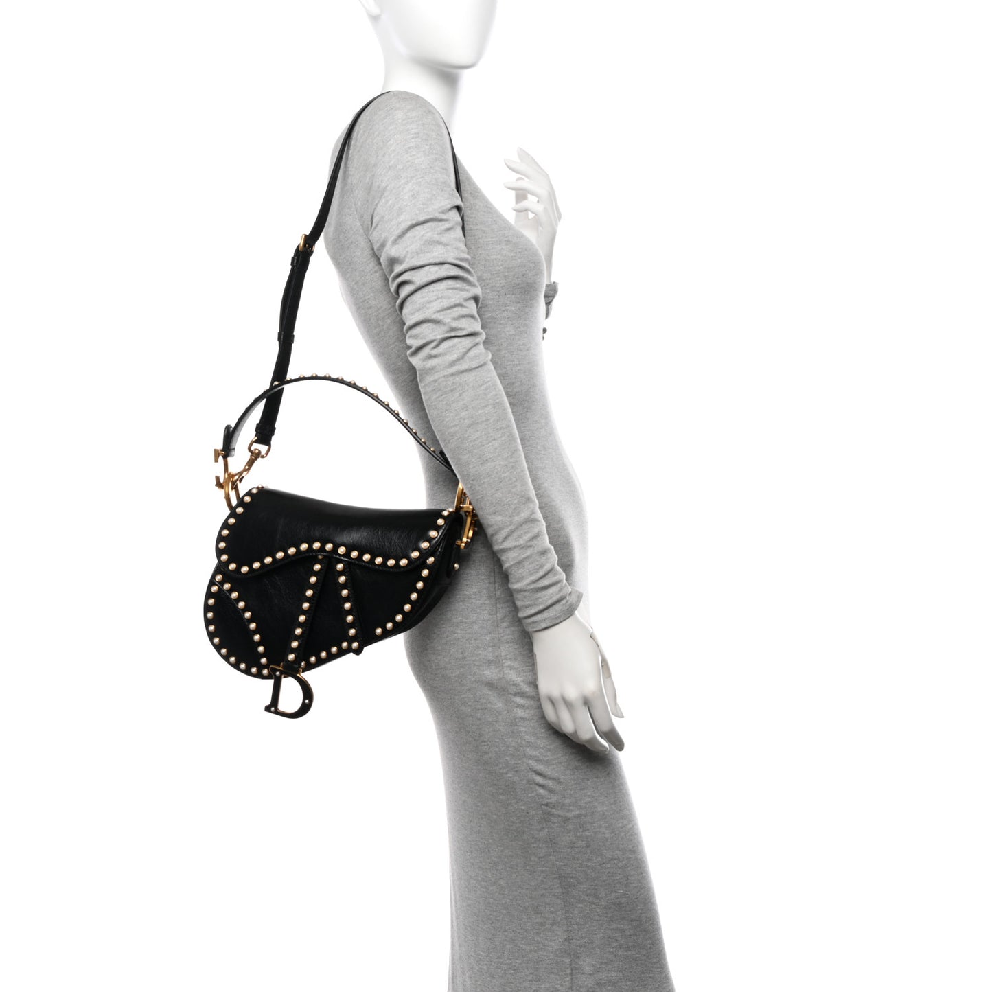 Crinkled Patent Lambskin Studded Saddle Bag With Strap Black