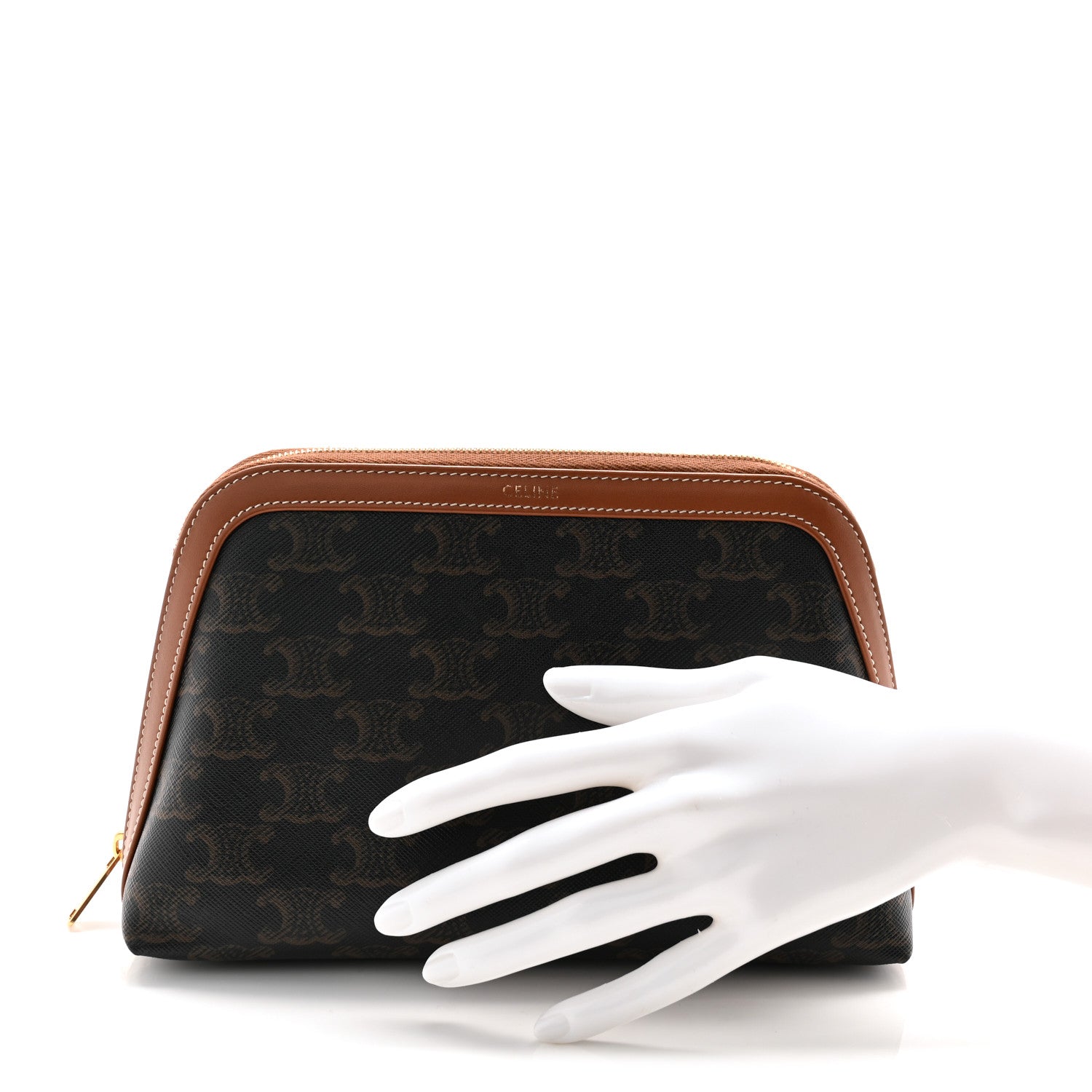 Celine Triomphe Canvas Calfskin Medium Cosmetic Pouch Tan 2 of 12