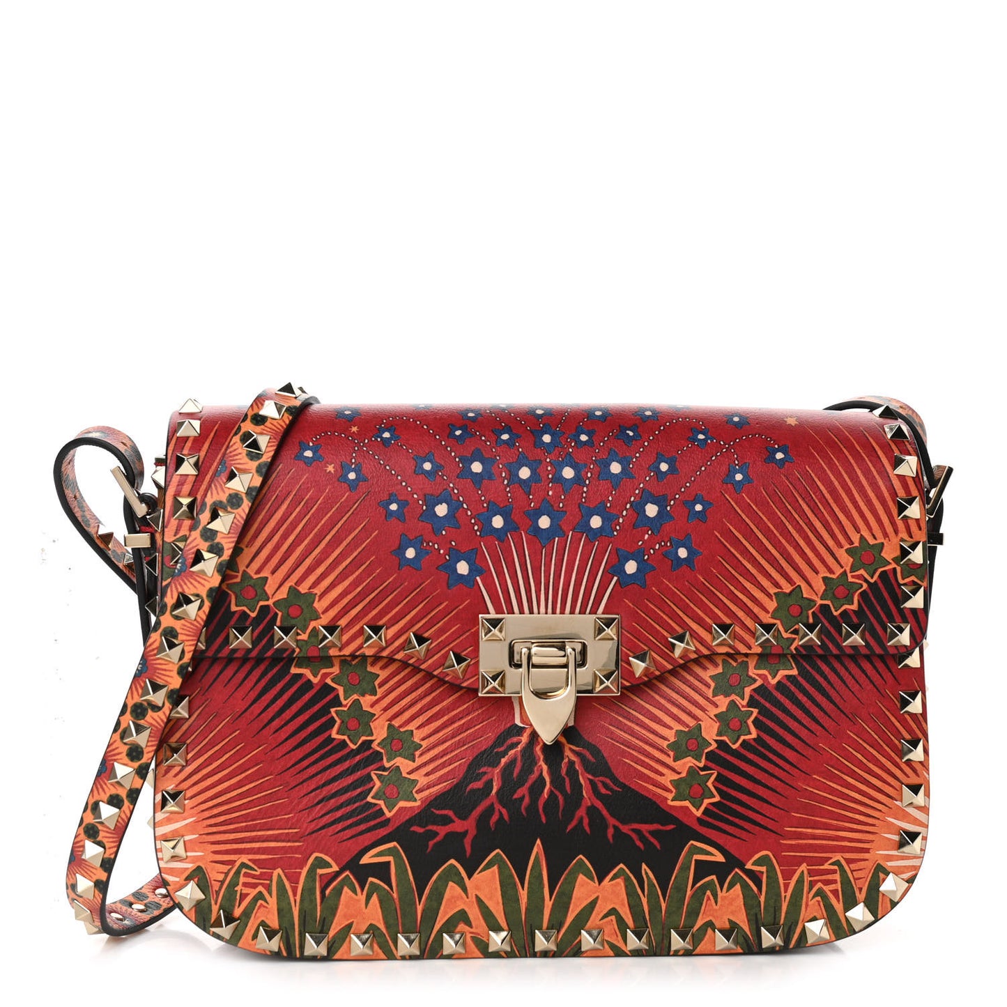 Vitello Enchanted Wonderland Medium Rockstud Flap Saddle Bag Rosso Valentino