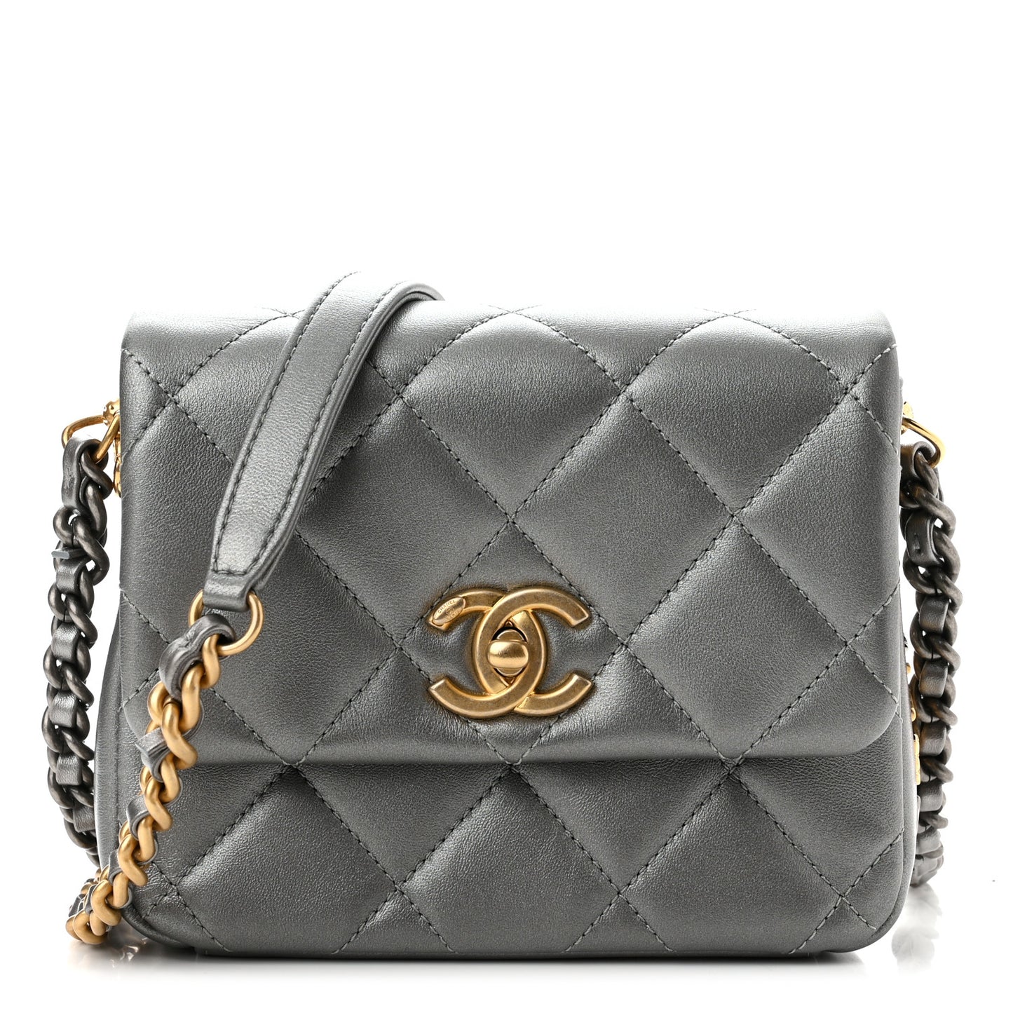 Metallic Lambskin Quilted Mini Side Note Flap Grey