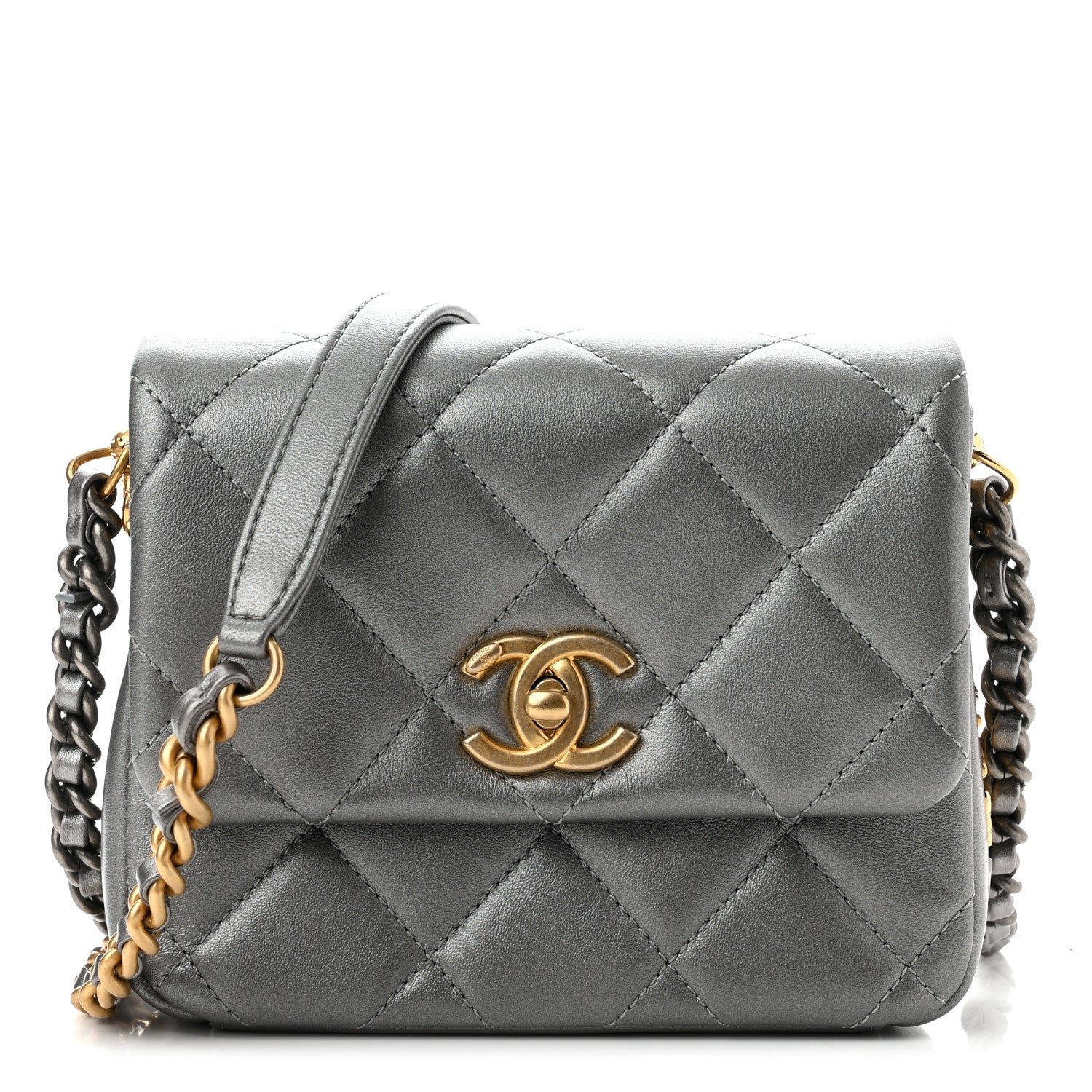 Chanel Metallic Lambskin Quilted Mini Side Note Flap Grey 1 of 10