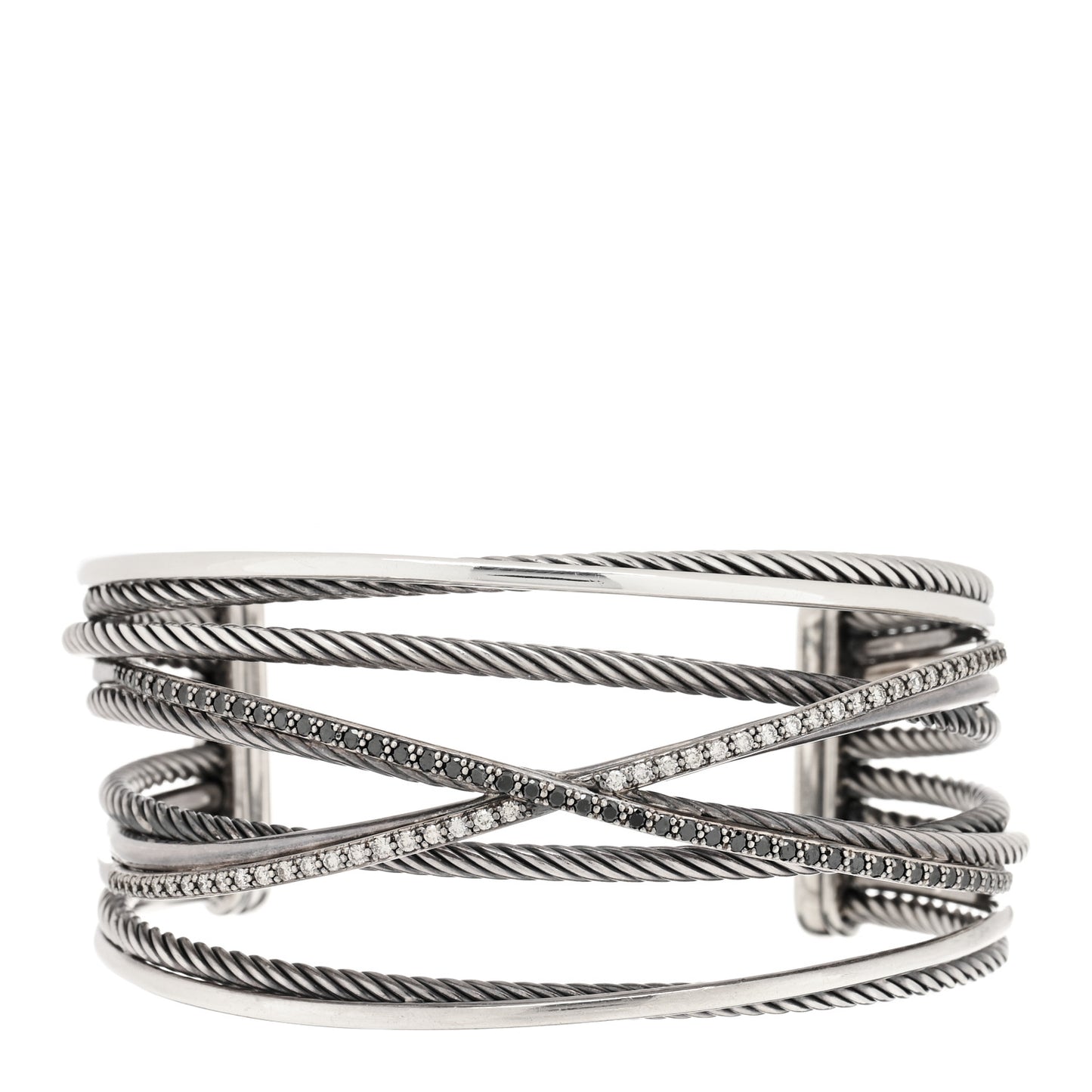 Sterling Silver 14K White Gold Diamond Black Diamond Crossover Five Row Cuff Bracelet