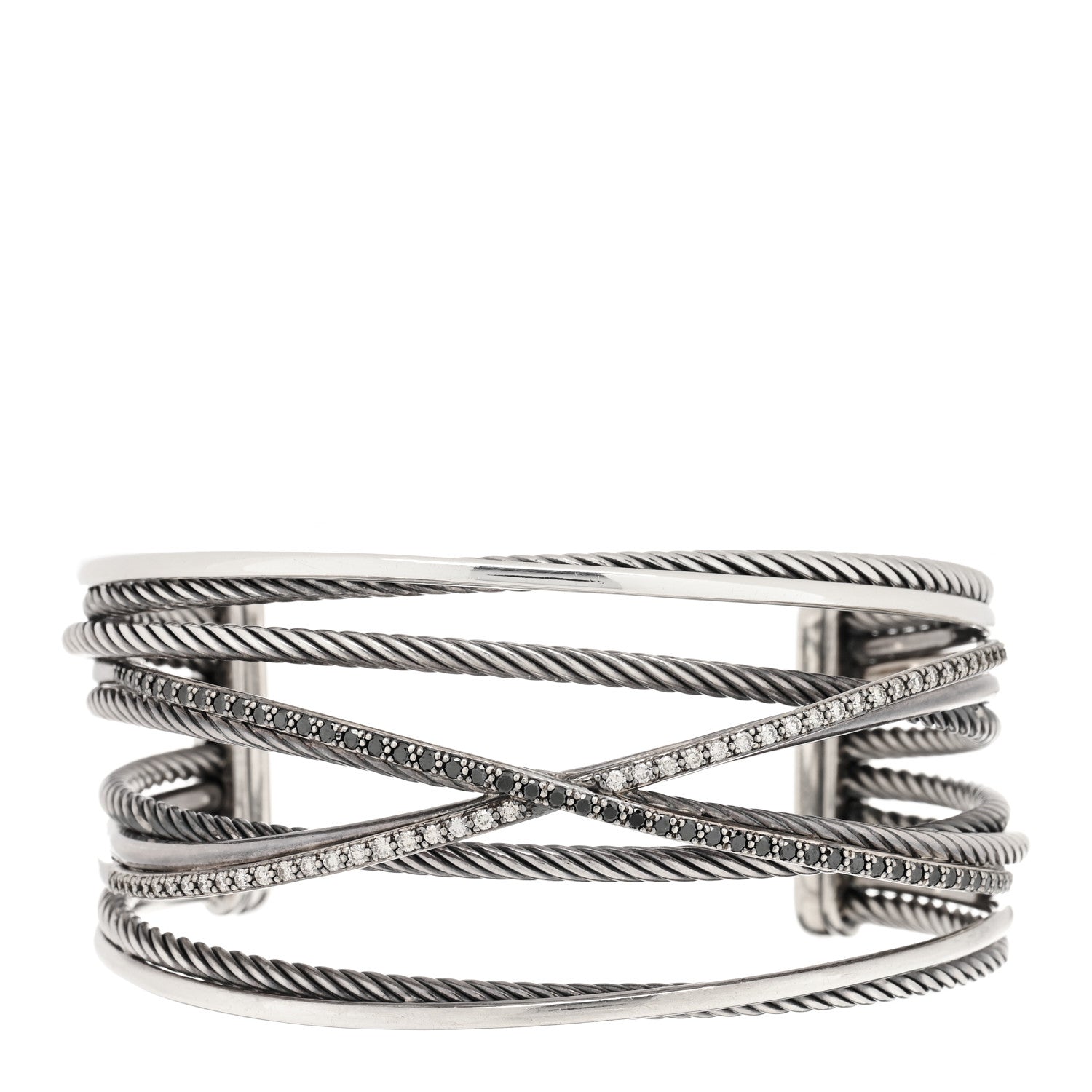 David Yurman Sterling Silver 14K White Gold Diamond Black Diamond Crossover Five Row Cuff Bracelet 1 of 3