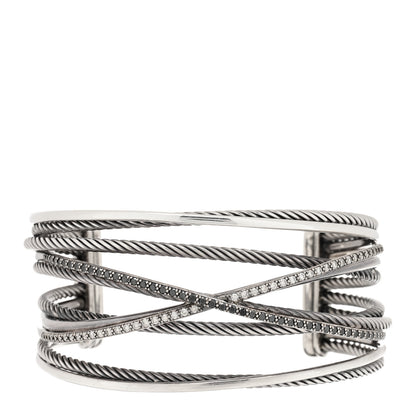 David Yurman Sterling Silver 14K White Gold Diamond Black Diamond Crossover Five Row Cuff Bracelet 1 of 3