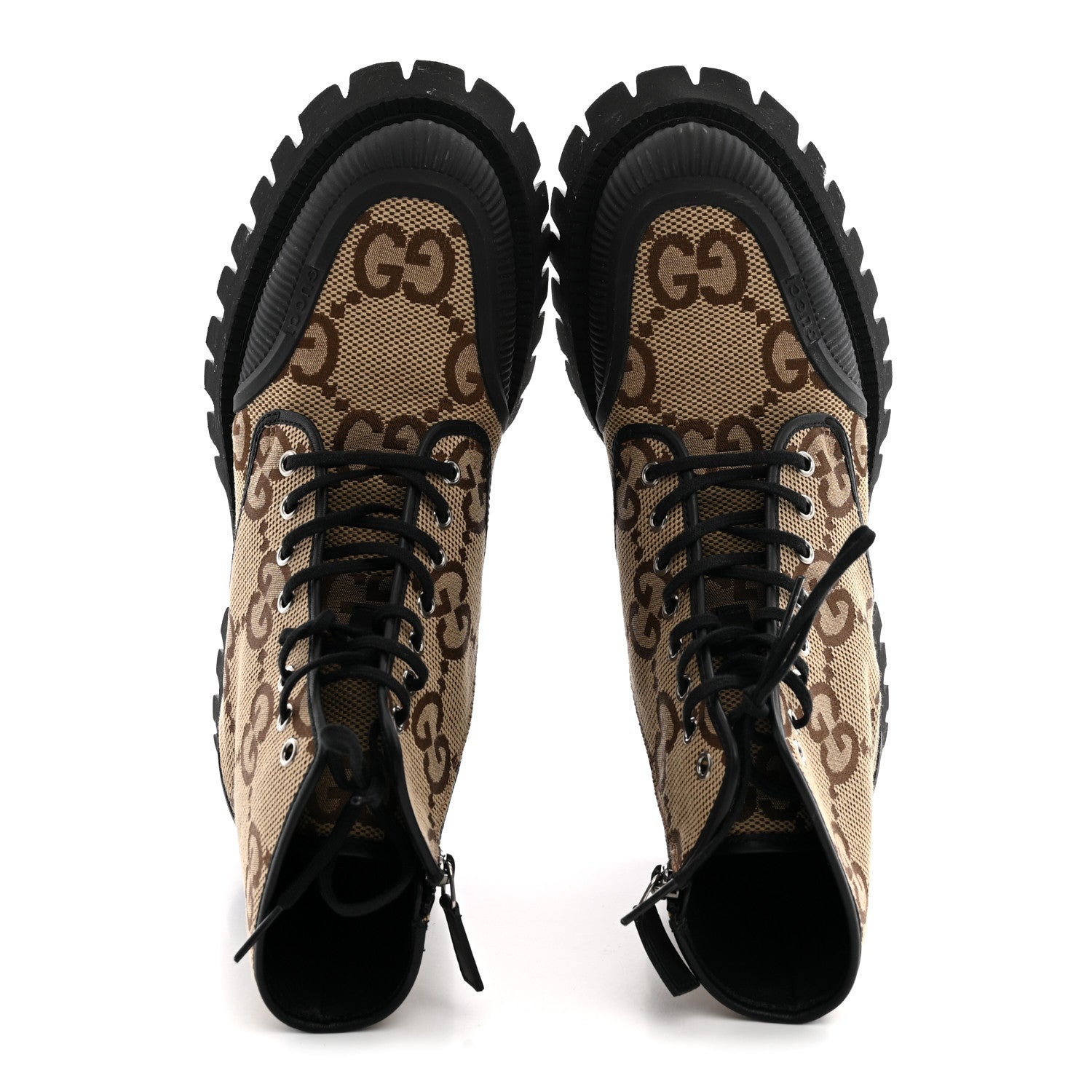 Gucci Monogram Jumbo GG Miro Soft Calfskin Mens Lace Up Combat Boots 8 Camel Ebony Black 2 of 11