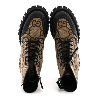 Gucci Monogram Jumbo GG Miro Soft Calfskin Mens Lace Up Combat Boots 8 Camel Ebony Black 2 of 11