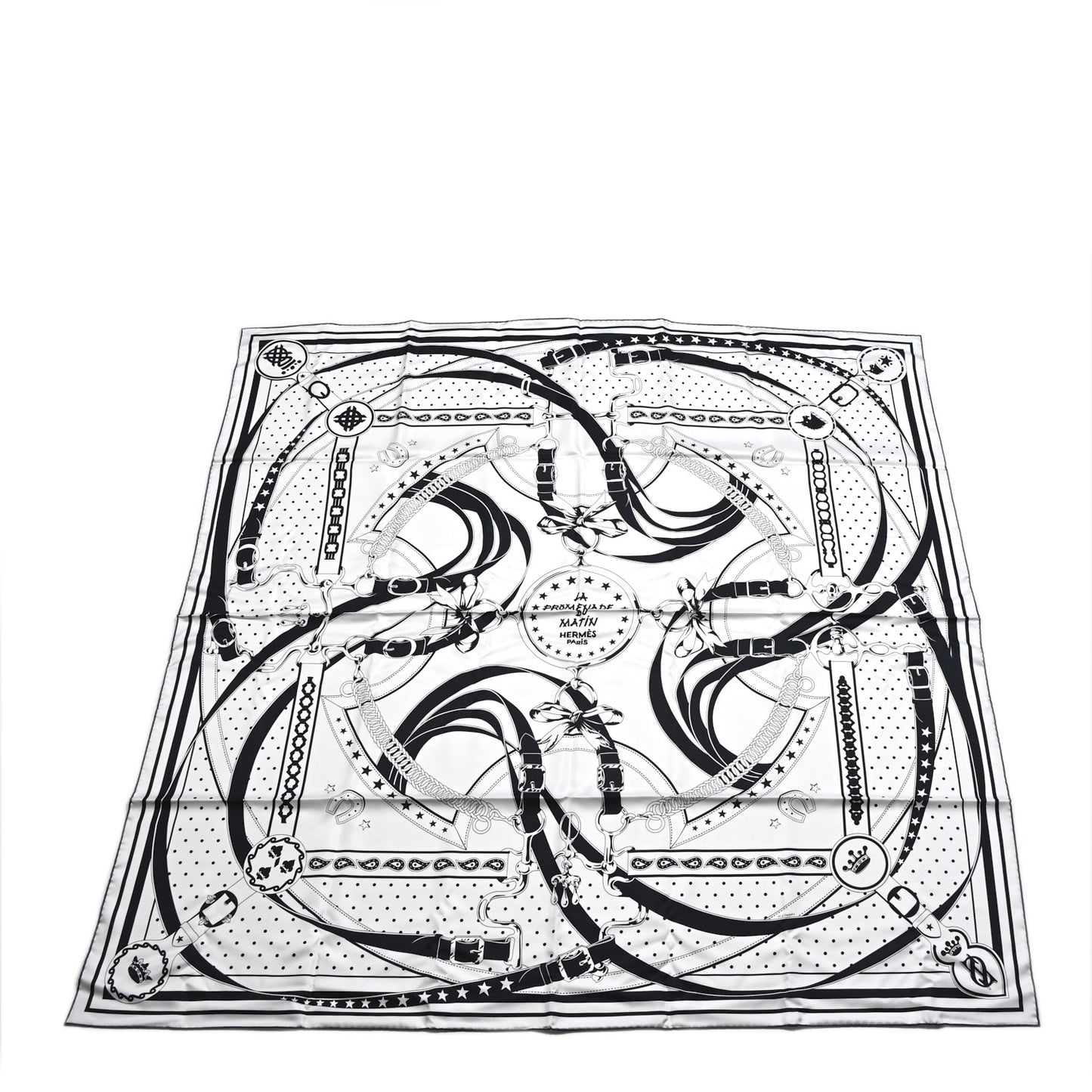Silk La Promenade du Matin Bandana Double Face Scarf 140 White Bleu Black Vert Cypres