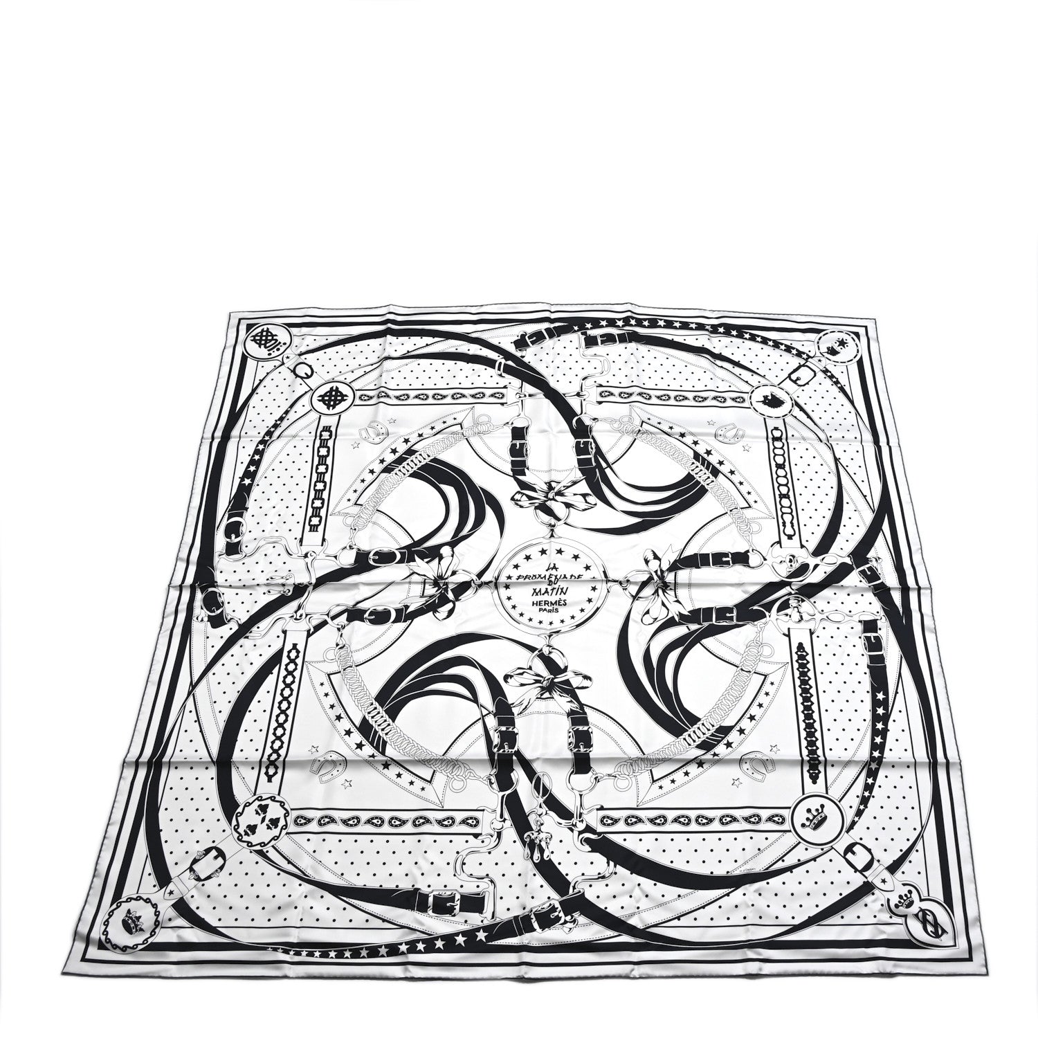 Hermes Silk La Promenade du Matin Bandana Double Face Scarf 140 White Bleu Black Vert Cypres 1 of 4