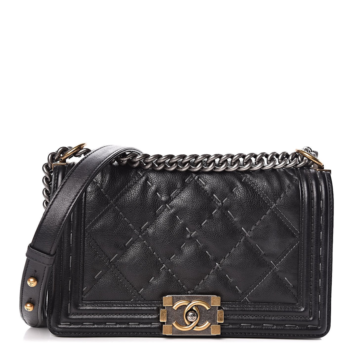 Calfskin Double Stitch Medium Boy Flap Black