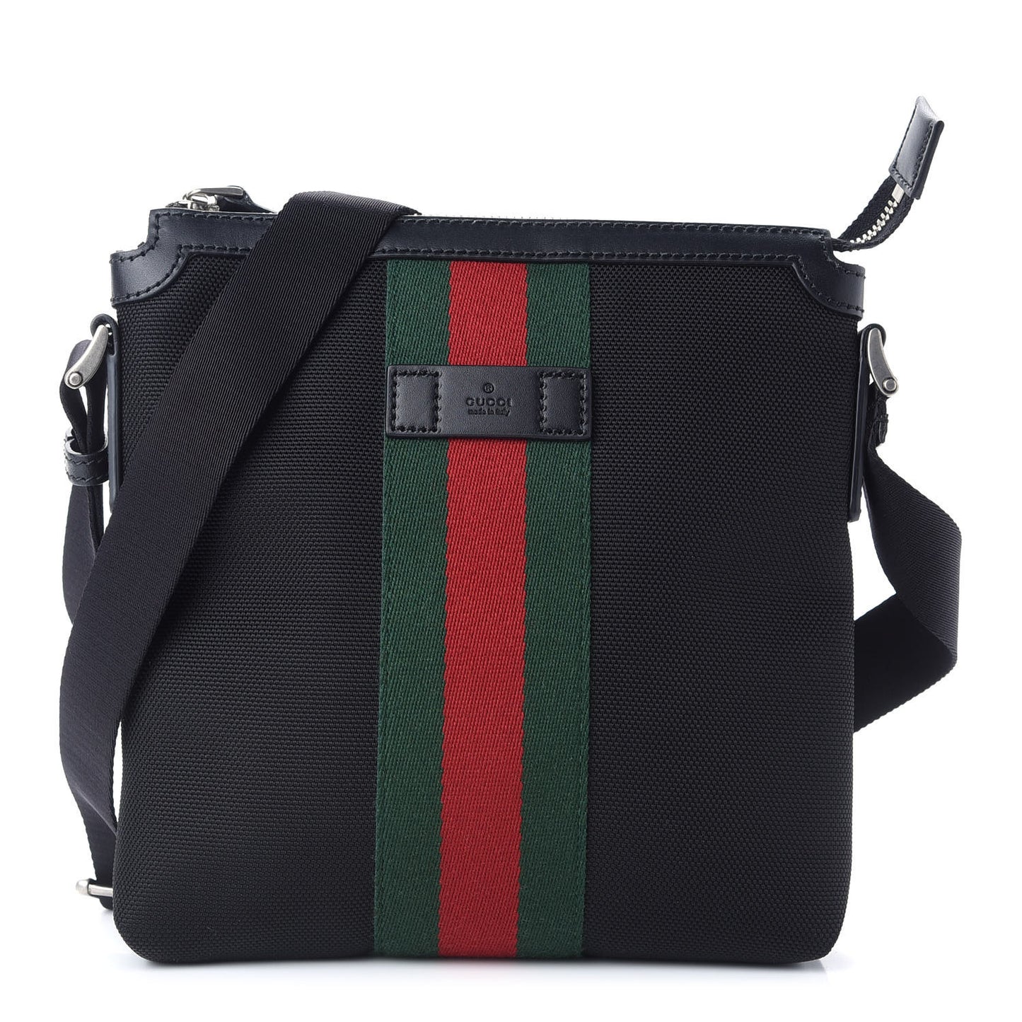 Techno Canvas Selleria Calfskin Web Small Flat Messenger Bag Black
