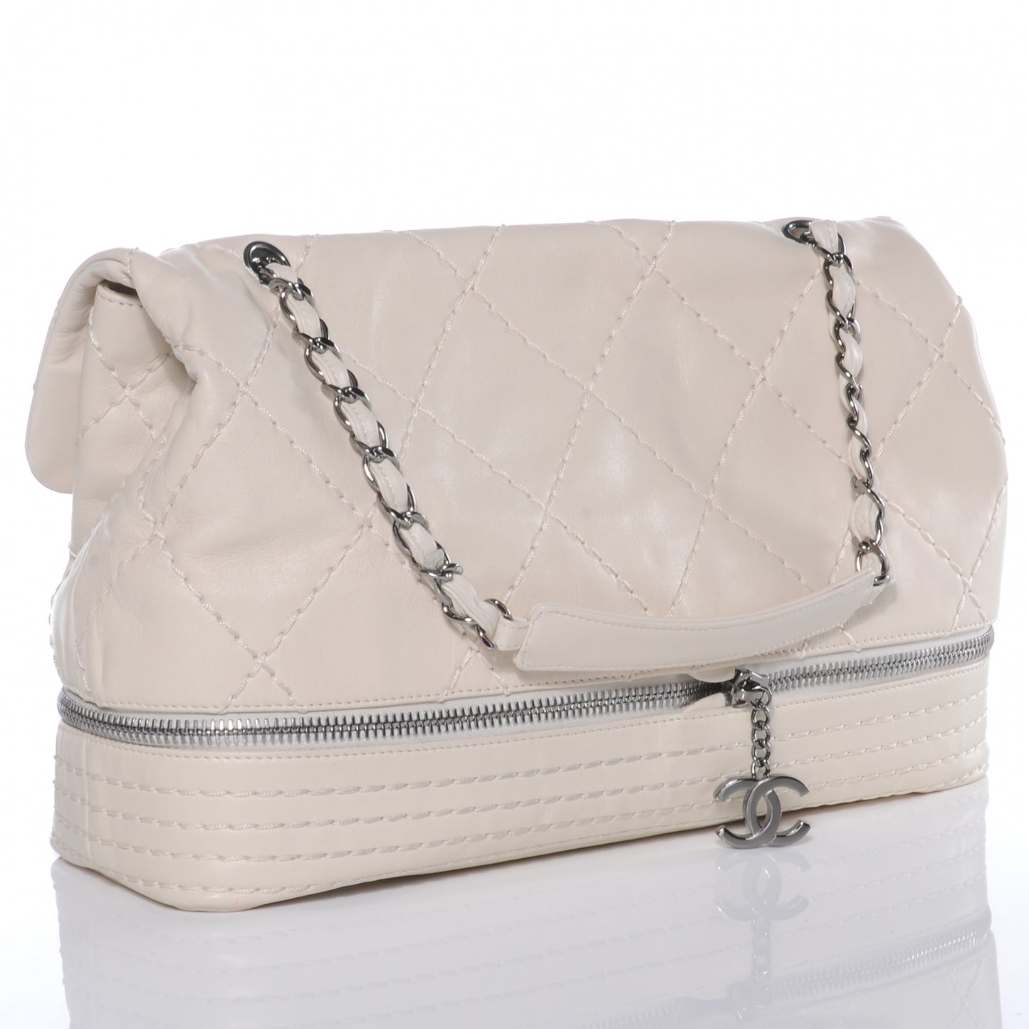 Calfskin Stitched Large Expandable Flap Bag White
