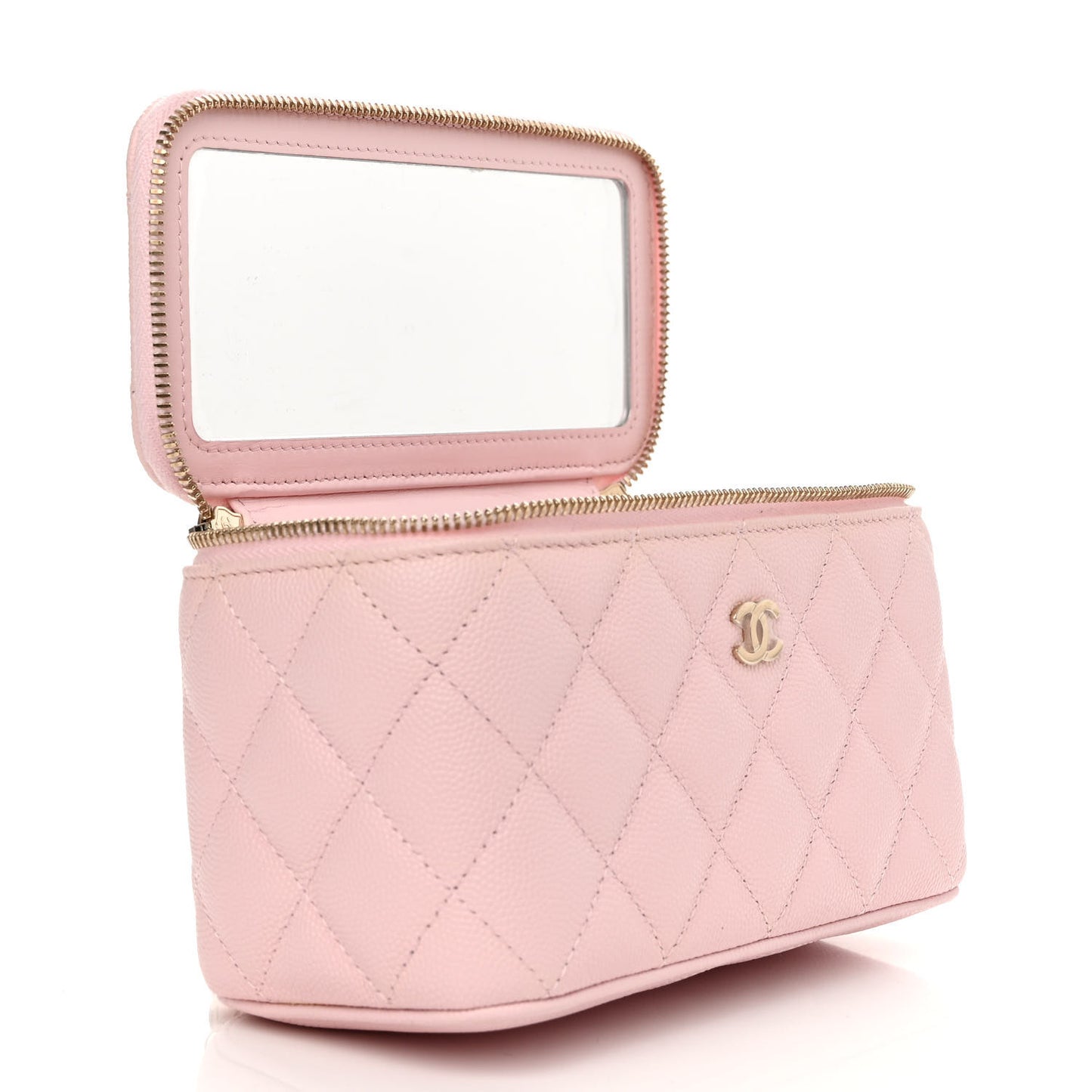 Caviar Quilted Small Vanity Case With Chain Light Pink