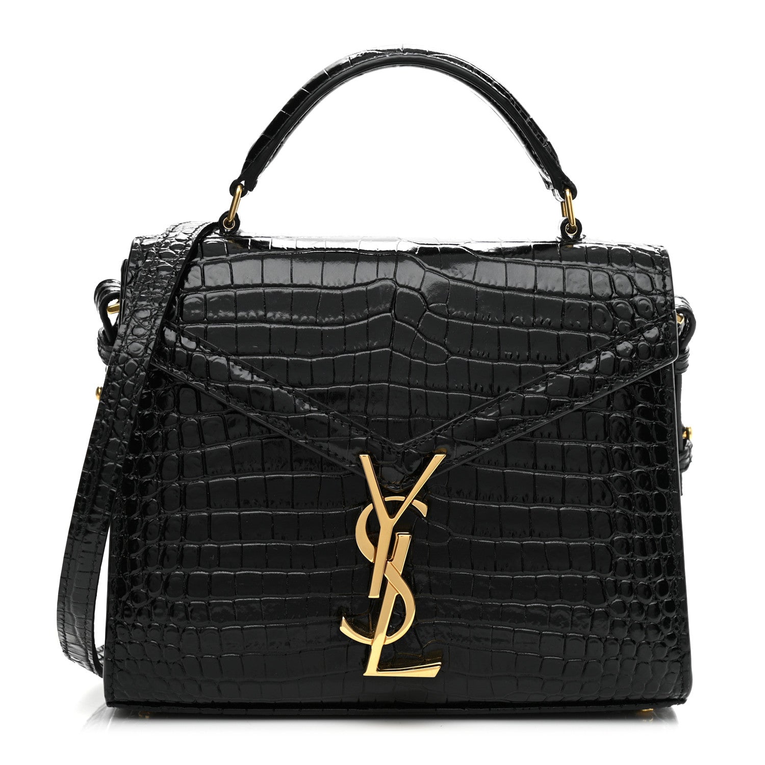 Saint Laurent Calfskin Crocodile Embossed Mini Classic Monogram Cassandra Top Handle Black 1 of 10